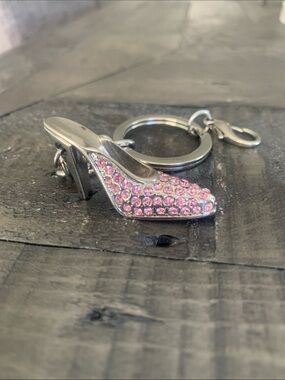 Silver tone Keyring with Pink Rhinestone Crystal High Heel Charm